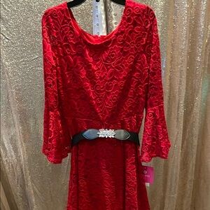 Amy Byer Red Lace Long-Sleeve Dress with Decorative Black Belt NWT